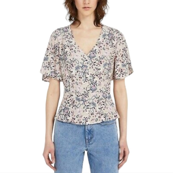 Frank And Oak Floral Flutter Sleeve Button Up Blouse Women's XS - Picture 1 of 9